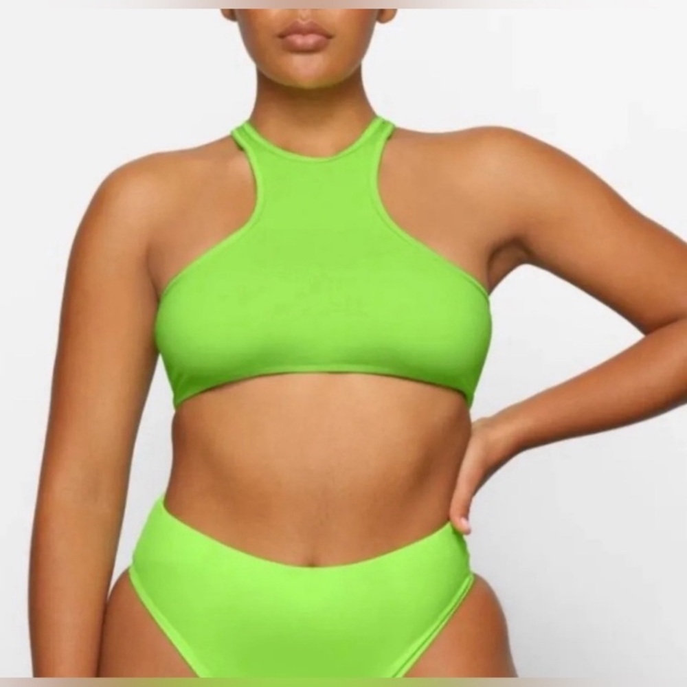 NEW SKIMS Recycled Swim High Neck Razorback Swim Bikini Top, Neon Green, Size S